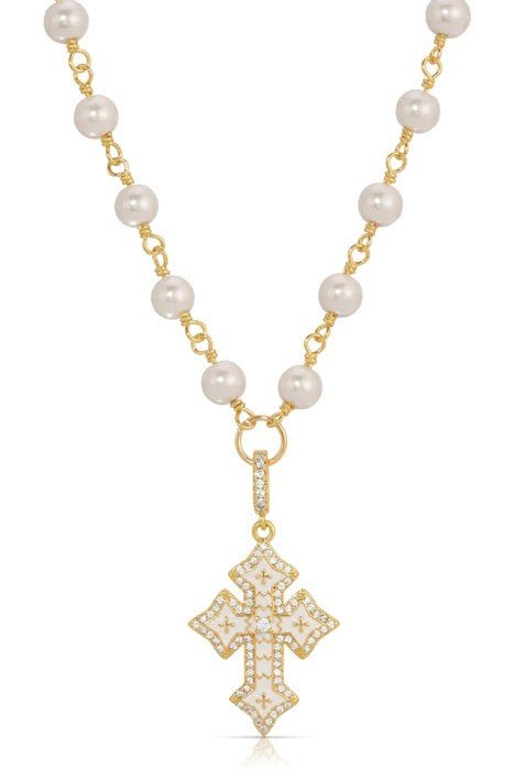 Enamel and Pearl Cross Necklace - Bandit and the Babe