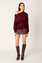 NIA Beatrice Sweater in Plum, front model view with asymmetric off-shoulder neckline