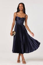 Navy pleated satin midi dress with sweetheart neckline and knot detail by ASTR