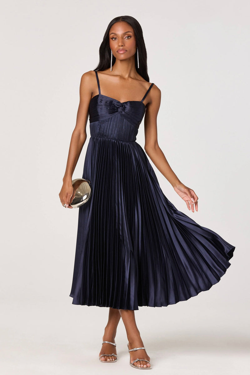 Navy pleated satin midi dress with sweetheart neckline and knot detail by ASTR