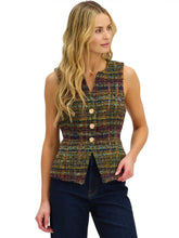Tweed Oliver multicolor sleeveless vest with gold buttons, front model view