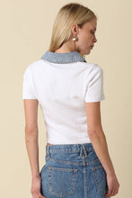 Olivaceous - Lena Contrast Collar Crop Top: Brown Denim / S