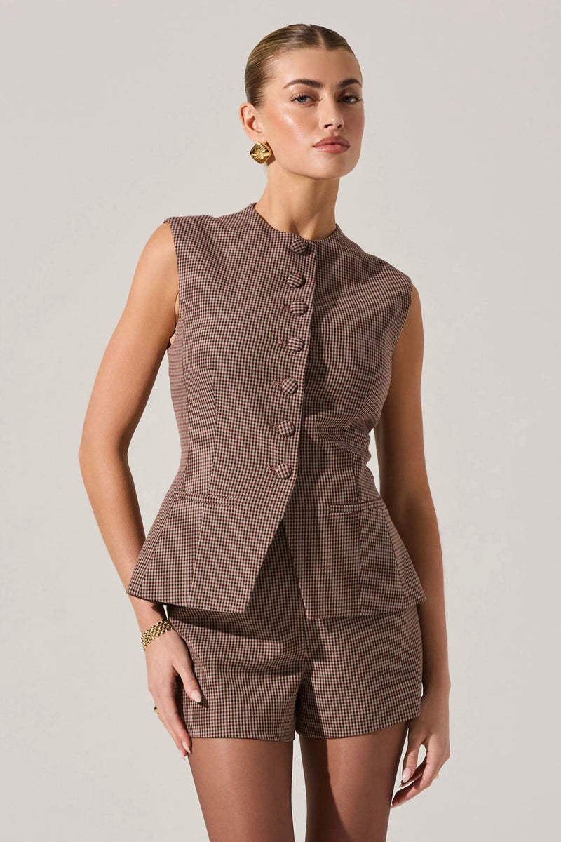 Brown high neck tailored vest with button front and matching shorts by ASTR