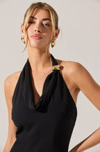 Elegant cowl neck halter dress with minimal lining and sleek silhouette