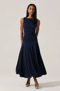Navy ruched sleeveless midi dress by ASTR the Label with high neckline and flowing skirt