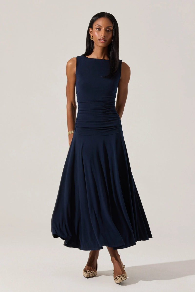 Navy ruched sleeveless midi dress by ASTR the Label with high neckline and flowing skirt