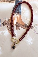 ALV Jewels Carrie's Favorite Toggle Necklace — Burgundy, Burgundy gemstone beaded necklace, front clasp, chocolate enamel pear bezel gemstone drop, Carrie Bankston 2.0 collection