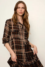 Brown plaid Meet in Paris Tie Neck Blouse with long sleeves