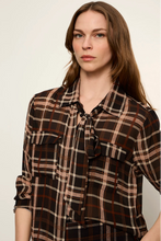 Brown plaid Meet in Paris Tie Neck Blouse with long sleeves