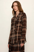 Brown plaid Meet in Paris Tie Neck Blouse with long sleeves
