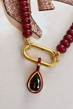 ALV Jewels Carrie's Favorite Toggle Necklace — Burgundy, Burgundy gemstone beaded necklace, front clasp, chocolate enamel pear bezel gemstone drop, Carrie Bankston 2.0 collection