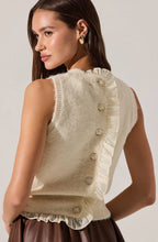 Back view of sweater tank with contrast ruffle detail and textured finish