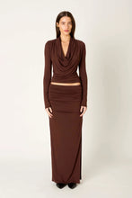 NIA Rosalind Top in Chocolate, front view styled with brown maxi skirt