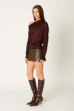 NIA Beatrice Brown sheer knit sweater, angled front model view