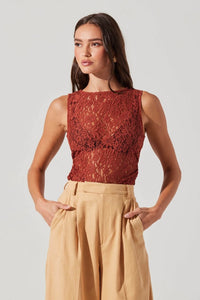 women's sheer rust-toned floral lace with sleeveless cut top