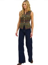 Tweed Oliver tailored vest with navy and gold tweed, full-length model view