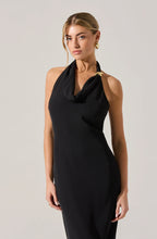 black halter midi dress with draped neckline and exposed back detail