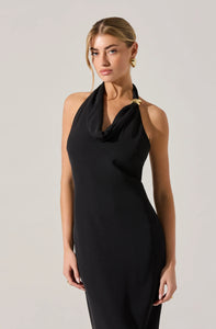 black halter midi dress with draped neckline and exposed back detail