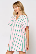 Lalavon - ILD4549 STRIPE V-NECK FLOWY SHORT SLEEVE DRESS: PINK-GREEN / SMALL