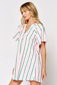 Lalavon - ILD4549 STRIPE V-NECK FLOWY SHORT SLEEVE DRESS: PINK-GREEN / SMALL