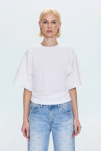 Crisp white compact cotton tee with ruched sides