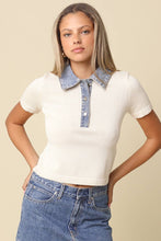 Olivaceous - Lena Contrast Collar Crop Top: Brown Denim / L