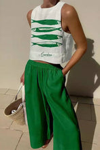 Mccolin - Fish Print Crop Top and Wide-Leg Pants Set: YELLOW / M