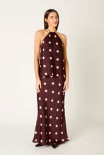 NIA Cressida halter top and Natalia maxi skirt in Wine polka dot, front model view