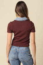 Olivaceous - Lena Contrast Collar Crop Top: Brown Denim / L