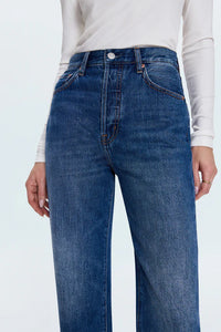 Close-up of button fly and classic five-pocket detailing
