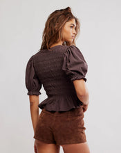 Romantic knit top with lace inlays and ruffle texture french chocolate