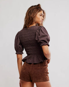 Romantic knit top with lace inlays and ruffle texture french chocolate