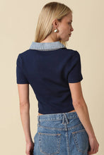Olivaceous - Lena Contrast Collar Crop Top: Brown Denim / S