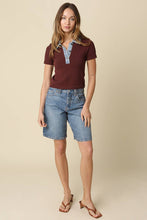 Olivaceous - Lena Contrast Collar Crop Top: Navy Denim / L