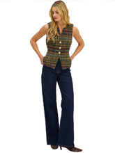 Tweed Oliver vest with front button placket, angled model view