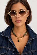 ALV Jewels Fall Carrie Necklace — Green, Green beaded strand, front clasp, pear-shaped pendant, gold-tone accents