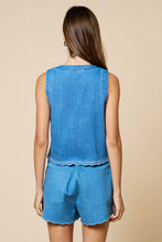 Lalavon - Embroidered V Neck Scalloped Hem Sleeveless Top : DENIM / L