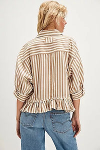 Cropped cotton blouse with soft brown and ivory striping and ruffled bottom edge