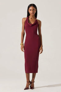 Wine halter cowl neck midi dress with gold hardware by ASTR the Label
