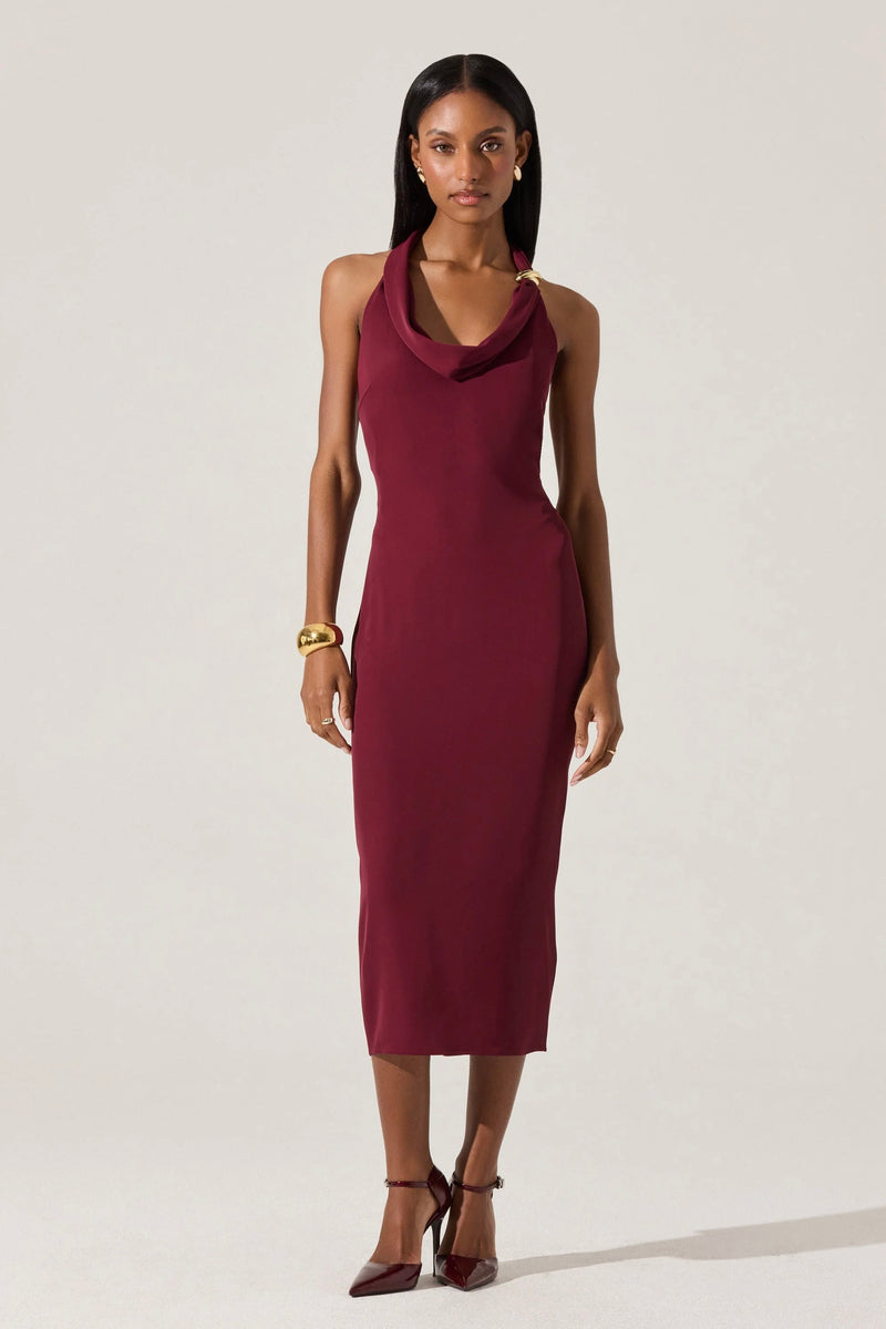 Wine halter cowl neck midi dress with gold hardware by ASTR the Label