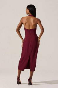 Sleek open-back midi dress in black with hardware trim at neckline
