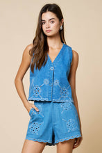 Lalavon - Embroidered V Neck Scalloped Hem Sleeveless Top : DENIM / M