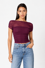Plum Yale Top with an off-shoulder neckline