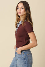 Olivaceous - Lena Contrast Collar Crop Top: Brown Denim / M