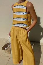 Mccolin - Fish Print Crop Top and Wide-Leg Pants Set: YELLOW / M