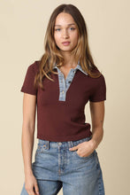 Olivaceous - Lena Contrast Collar Crop Top: Brown Denim / L