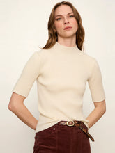Cream High Neck Ribbed Top with short sleeves