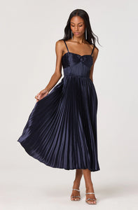 Formal pleated midi dress with removable straps and concealed zipper