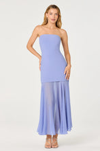 Lizet Dress in Periwinkle - Front view showing strapless fitted bodice and sheer maxi skirt