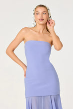 Lizet Dress in Periwinkle - Front view showing strapless fitted bodice and sheer maxi skirt